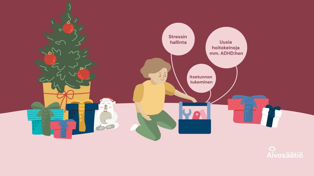 Kuvassa joulukuusi, jonka vieressä istuu lapsi työkalupakin äärellä. Työkalupakista nousee palloja, joissa lukee: "Stressin hallinta", "Itsetunnon tukeminen" ja "Uusia hoitokeinoja mm. ADHD:hen". Kuvan päällä teksti: Joulupaketti 2: Lasten- ja nuorisopsykiatrian tutkimus